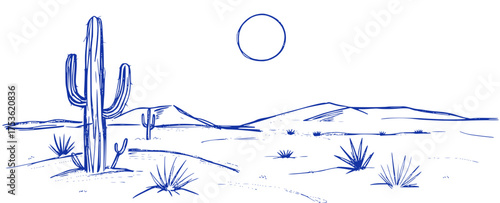 Desert Landscape, Blue Ink Sketch