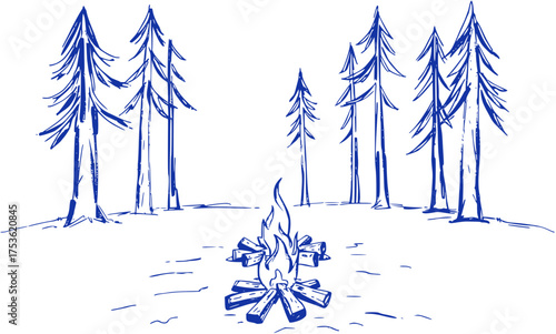 Blue Pine Forest and Campfire Scene