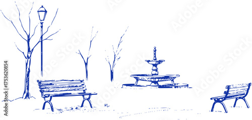 Serene Park Scene: Blue Sketch Illustration