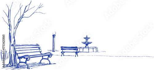 Quiet Park Scene: Bench, Fountain, and Tree