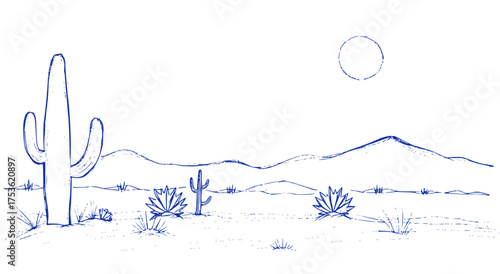 Desert Landscape, Simple Blue Sketch