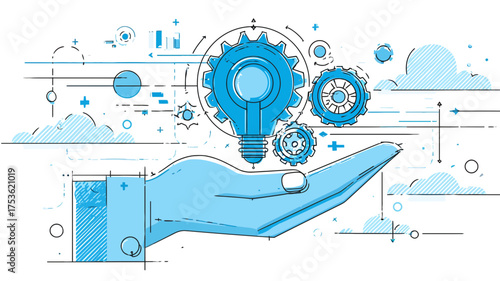 Hand offering creative innovation lightbulb with gears. Technology idea development, solution strategy, and business insight concept.