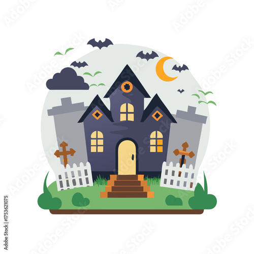 Spooky haunted house illustration featuring bats, a full moon, and eerie clouds, surrounded by a white picket fence and tombstones, perfect for Halloween-themed designs