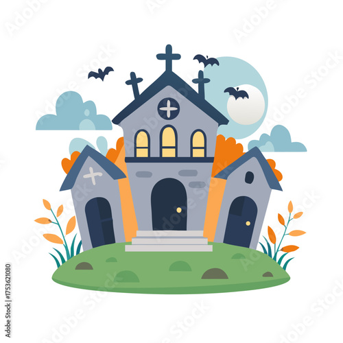 Spooky haunted house illustration featuring bats, tombstones, and autumn foliage, creating an eerie atmosphere perfect for Halloween-themed designs and decorations