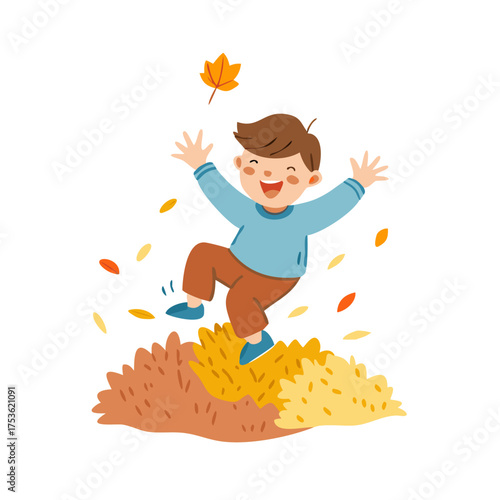 Happy young boy jumping in a colorful pile of autumn leaves, surrounded by falling leaves, showcasing joy and playfulness in a vibrant seasonal setting