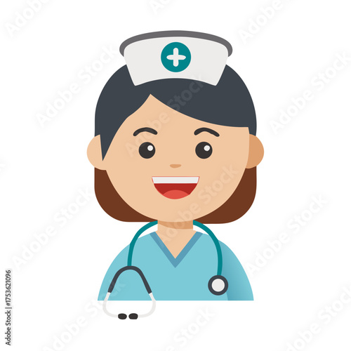 Cartoon illustration of a cheerful female nurse wearing a blue uniform and a nurse cap, smiling with a stethoscope around her neck, representing healthcare and compassion in the medical field