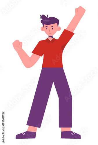 Animated character with raised arms, symbolizing happiness and enthusiasm, in a vibrant style.