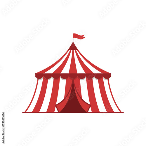 Classic red and white striped circus tent with flag