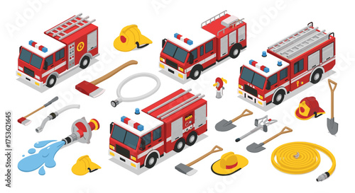 Isometric fire trucks with ladders, hoses, and tools provide a fun, modern aesthetic for emergency response and community service themed designs