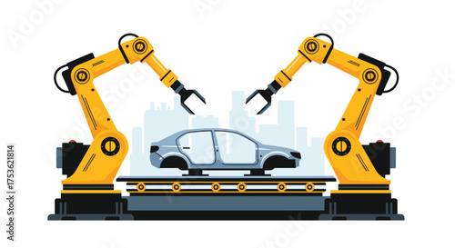 Modern automotive factory with robotic arms assembling car bodies, showcasing innovation and efficiency in vehicle production for industrial advancement