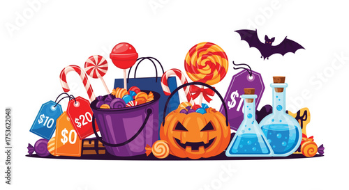 Delightful Halloween treats and potion ingredients for a spooky celebration, complete with pumpkin buckets and enticing candy, ready for trick or treat fun
