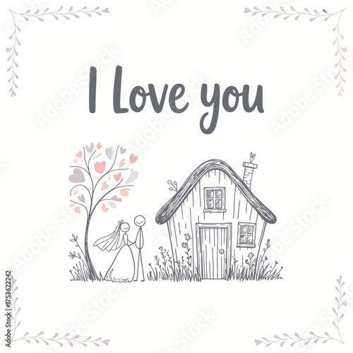 Love's Sweet Abode: An endearing illustration portrays a wedding scene, with a couple standing before a whimsical home, expressing their affection with I Love You .