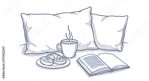 A cozy morning with coffee, pastries, and a good book, a relaxing escape for a peaceful start to the day, perfect for lifestyle blogs and wellness