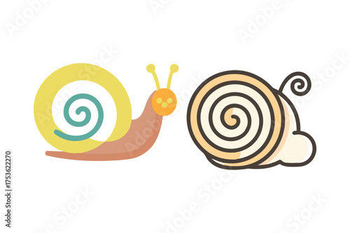Two colorful cartoon snails with spiral shells are shown side by side