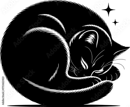 Black cat curled up sleeping in a circle with sparkles whimsical dreamy pet art