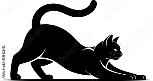 Sleek black cat silhouette in a playful stretching pose against a clean background