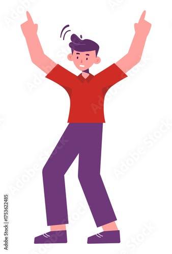 Animated character with raised arms showing excitement and joy on a white background.