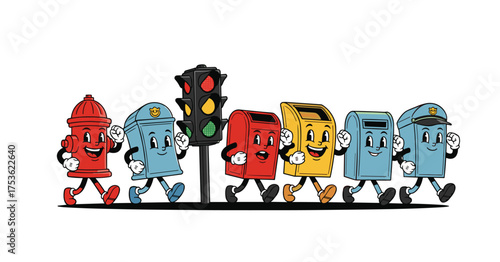 Whimsical cartoon mascots of urban objects walking together could represent civic engagement, community, or public service announcements, for kids or adults