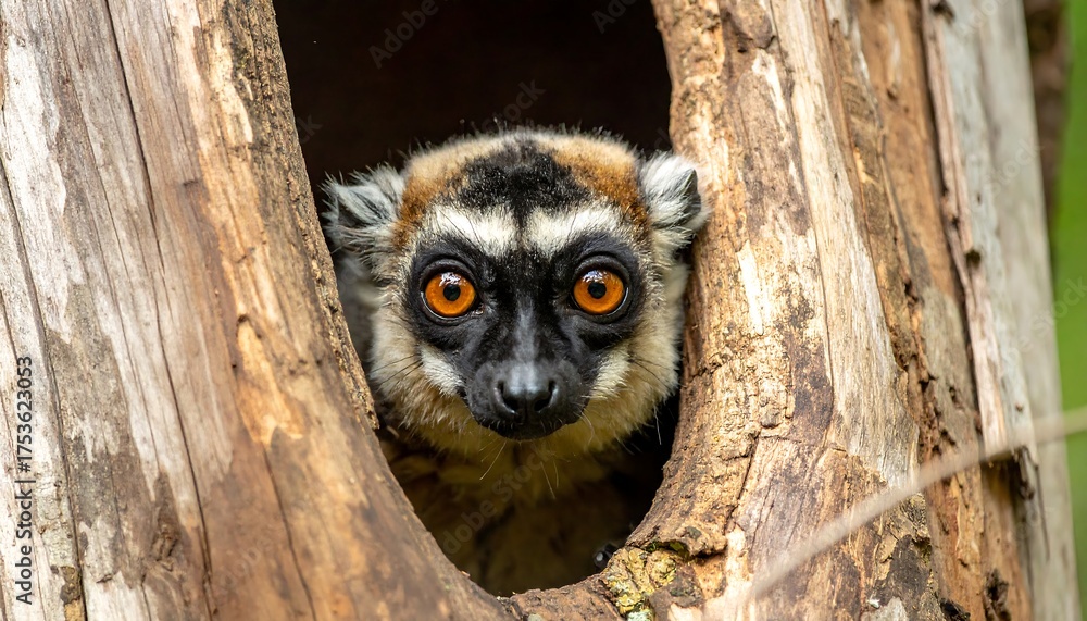 Naklejka premium A primate with striking orange eyes peers from a hollow in a weathered tree trunk. Its fur is a mix of brown, tan, and black. The soft background is blurred