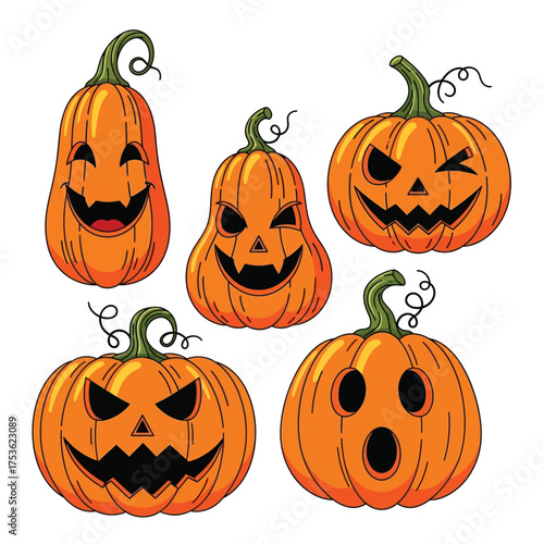 Five spooky jack o lantern pumpkins for halloween decorations vector