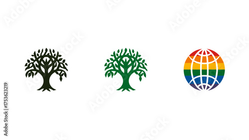 Stylized black and green tree icons with a vibrant rainbow colored globe symbol representing nature, growth, and diversity on a clean white background.