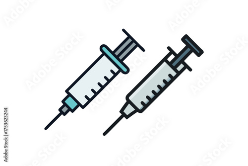 Two medical syringes one with a blue tip in a simple line art style