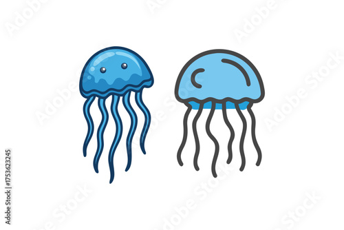 Two cartoon jellyfish illustrations with simple designs and blue color schemes