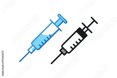 Two medical syringes one colored and one grayscale displayed diagonally