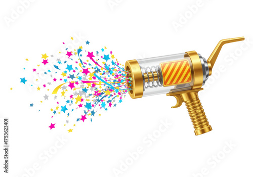 Isolated blaster shooting colorful stars; weapon for space travel or cosmic events.