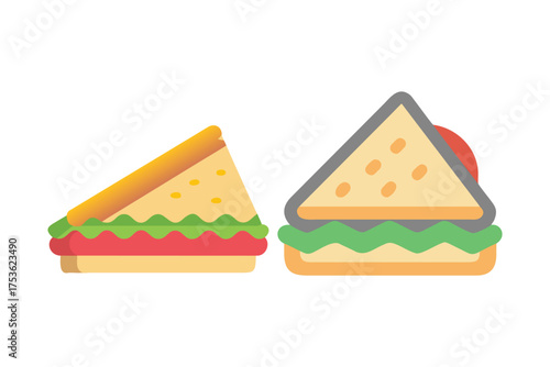 Two colorful triangle shaped sandwiches with fillings displayed clearly