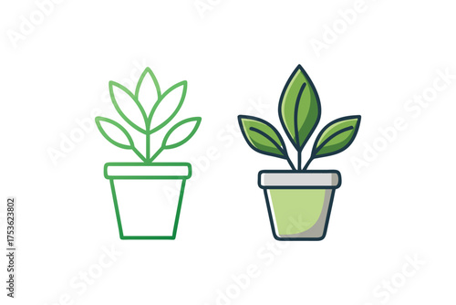 Two potted green plants with simple line art and flat design