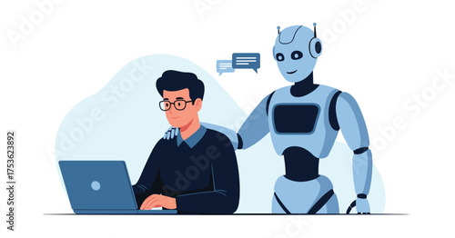 Modern workforce with AI assistant helping man at laptop, showing future of work and collaboration, innovation and technology solutions for business growth