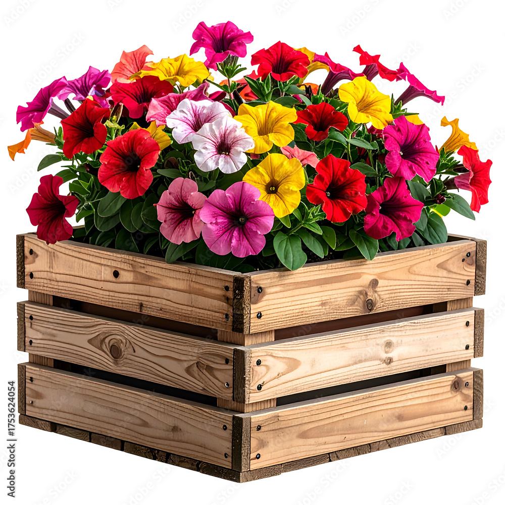 Fototapeta premium A wooden crate overflows with a vibrant mix of colorful, petunia flowers