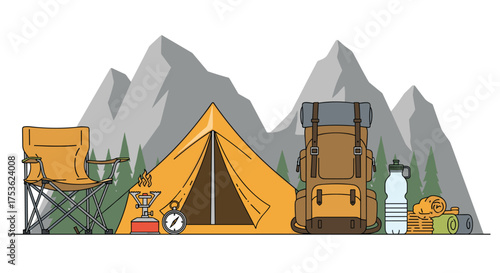 Plan your next outdoor adventure with this camping equipment illustration, perfect for travel guides and nature-themed promotions, evoke wanderlust and adventure