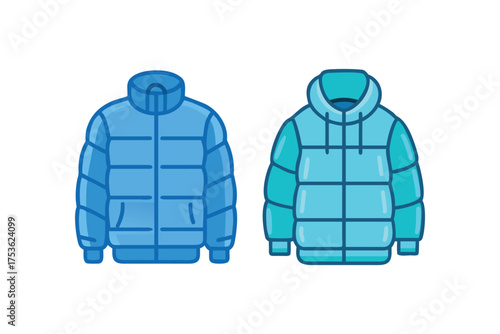 Two blue puffer jackets displayed in front and back views