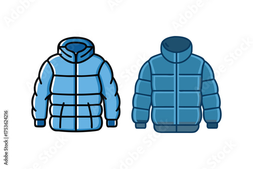 Two winter puffer jackets in blue shades front and side views