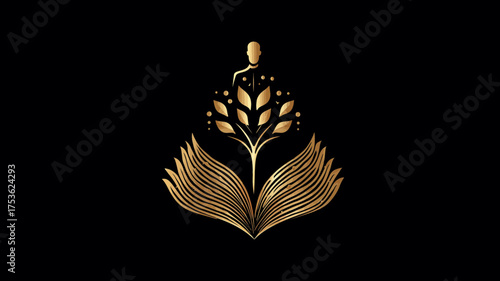 Golden abstract logo concept with elegant foliage, open book, and microphone elements on black background, symbolizing growth, knowledge, and creativity.