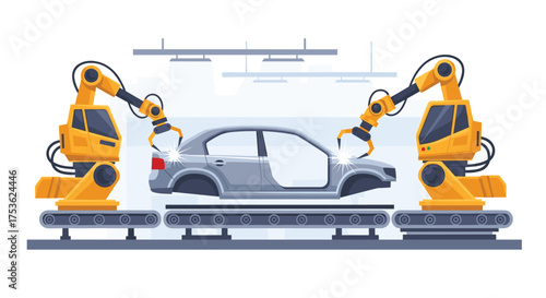 Modern automated car manufacturing with robotic arms welding vehicle frames on assembly line, highlighting industry innovation and technological advancement