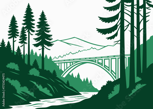 Portland Oregon forest and bridge minimal vector, trendy green color palette
