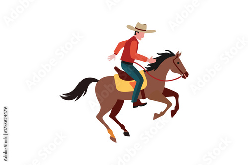 A cowboy riding a brown horse in a dynamic illustrated style