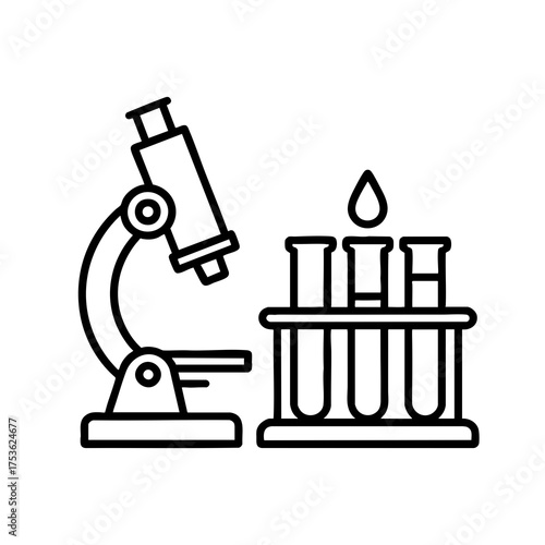 A laboratory microscope and linear-style test tubes symbolize scientific research