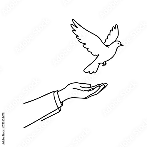 A pigeon with a peaceful mood, flying from an open palm, in a continuous linear pattern