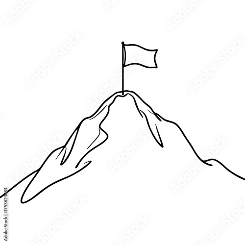 A mountain peak in a minimalistic linear style with a flag symbolizing achievement and success