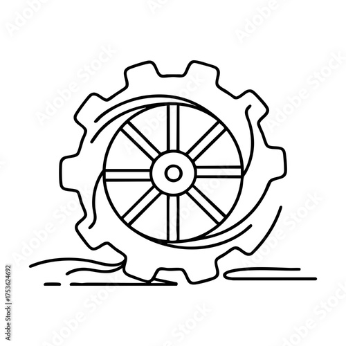 A gear in a linear pattern with dynamic lines of movement symbolizing speed and progress