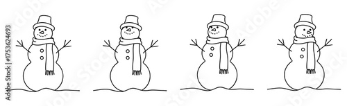 A set of snowmen with a cheerful mood, showing different emotions in the form of a linear pattern