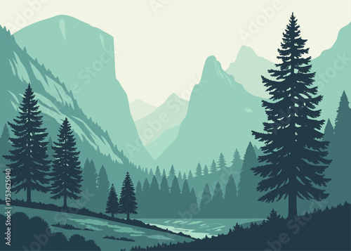 Yosemite Valley minimalist mountains and pine forest vector, calm nature travel poster
