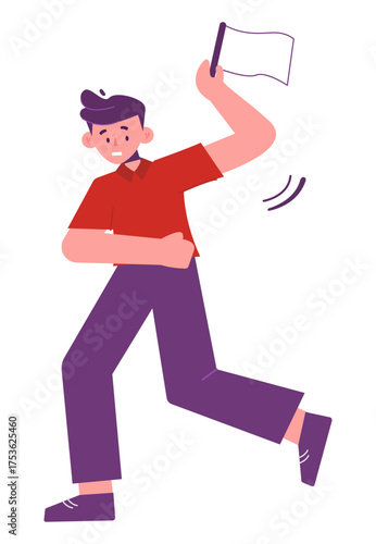 A cartoon character displays a surprised emotion, holding a small white flag against a white background.