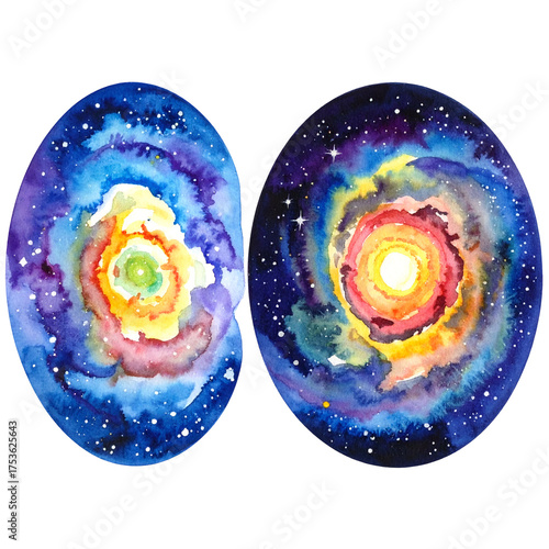 Two oval, watercolor nebula paintings showcasing swirling colors and bright star centers