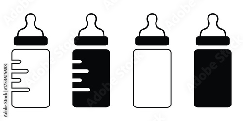 Baby Bottle Icon Set – Black and White Infant Feeding Bottle Silhouettes and Milk Bottle Vector Collection