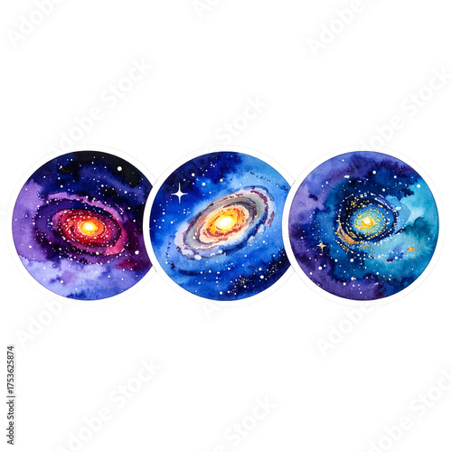Three colorful watercolor circles depict spiral galaxies against a backdrop of stars